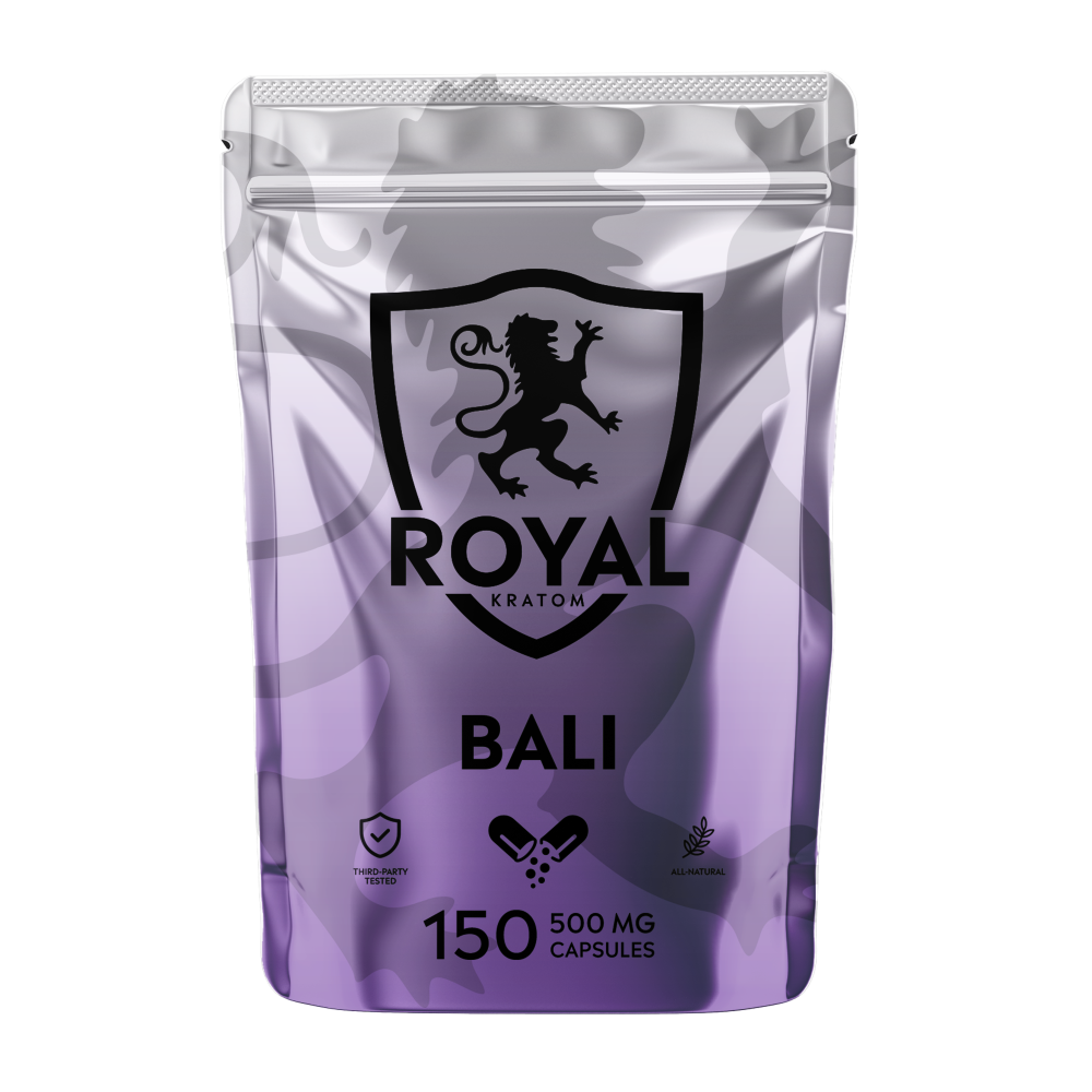A package of Royal Kratom Bali capsules with 150 capsules containing 500mg of kratom powder each.