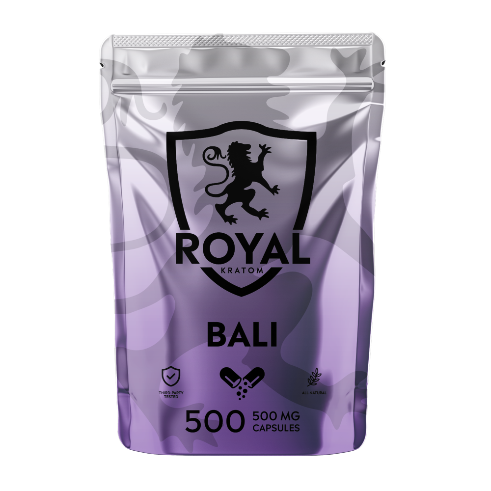 A package of Royal Kratom Bali capsules with 500 capsules containing 500mg of kratom powder each.