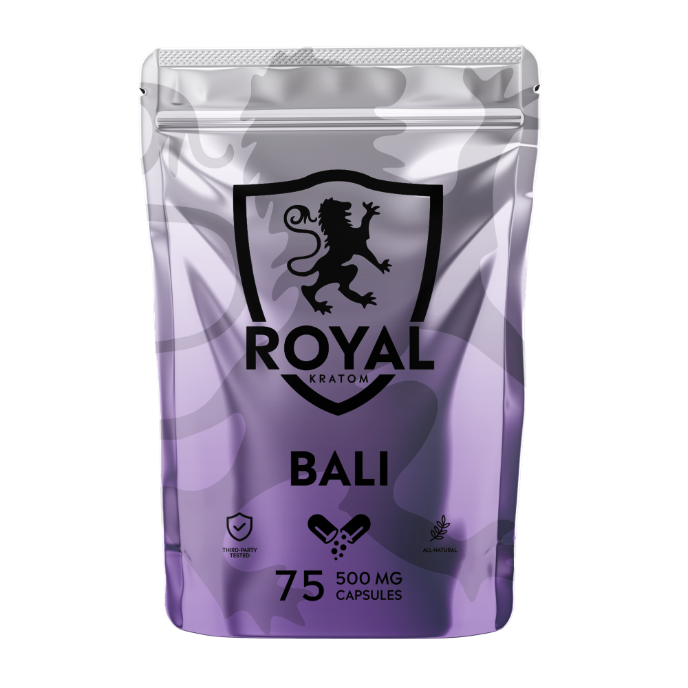 A package of Royal Kratom Bali capsules with 75 capsules containing 500mg of kratom powder each.