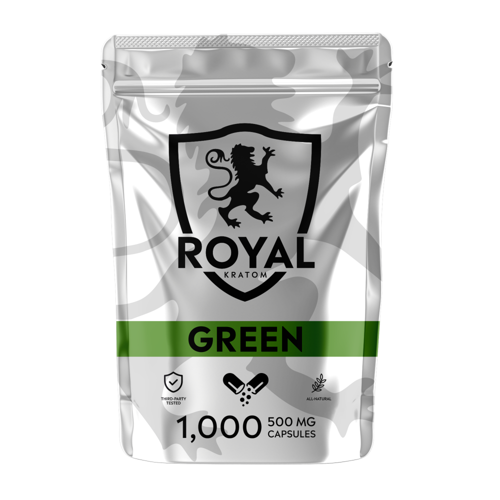 A package of Royal Kratom Green Vein capsules with 1000 capsules containing 500mg of kratom powder each.