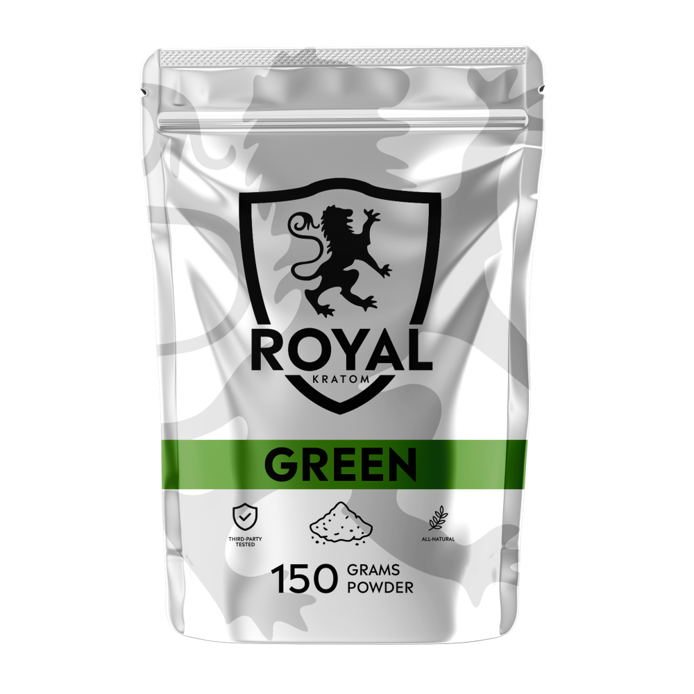A package of Royal Kratom Green Vein powder packed with 150 grams of powder