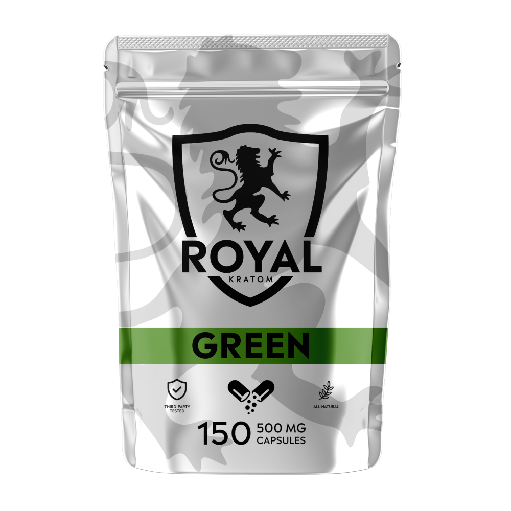 A package of Royal Kratom Green Vein capsules with 150 capsules containing 500mg of kratom powder each.