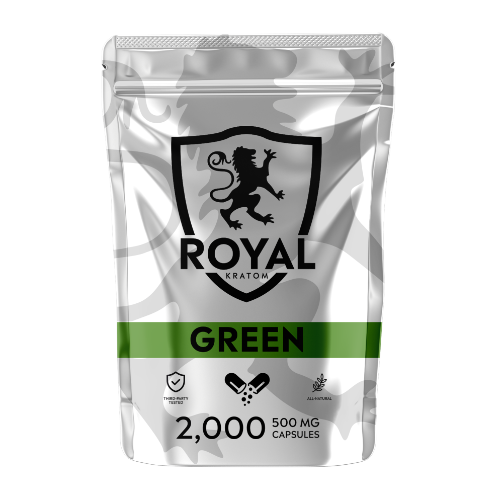 A package of Royal Kratom Green Vein capsules with 2000 capsules containing 500mg of kratom powder each.