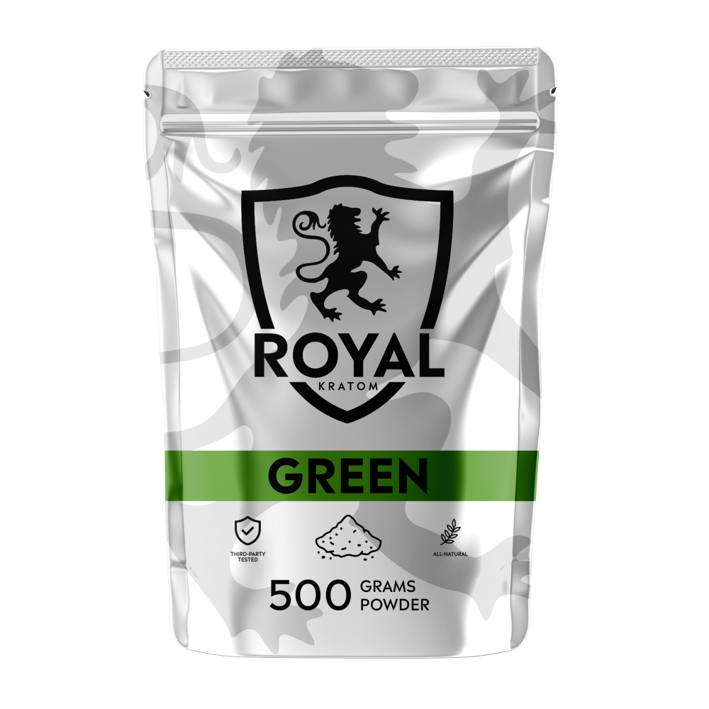 A package of Royal Kratom Green Vein powder packed with 500 grams of powder