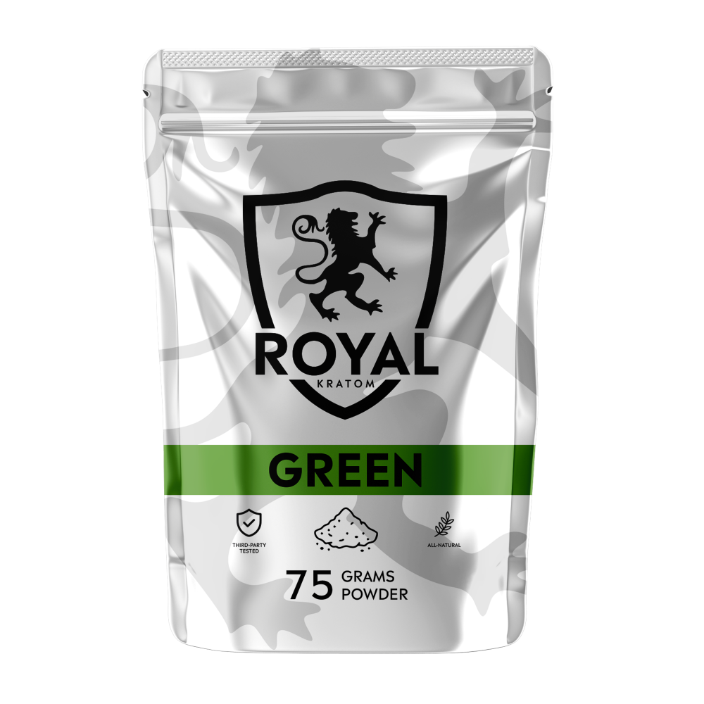 A package of Royal Kratom Green Vein powder packed with 75 grams of powder