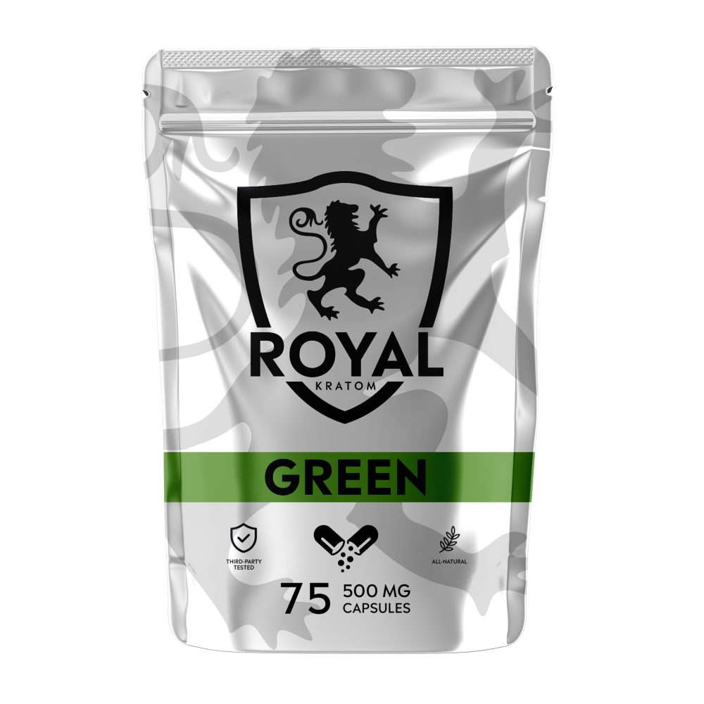 A package of Royal Kratom Green Vein capsules with 75 capsules containing 500mg of kratom powder each.