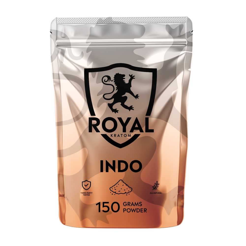 A package of Royal Kratom Indo powder packed with 150 grams of powder