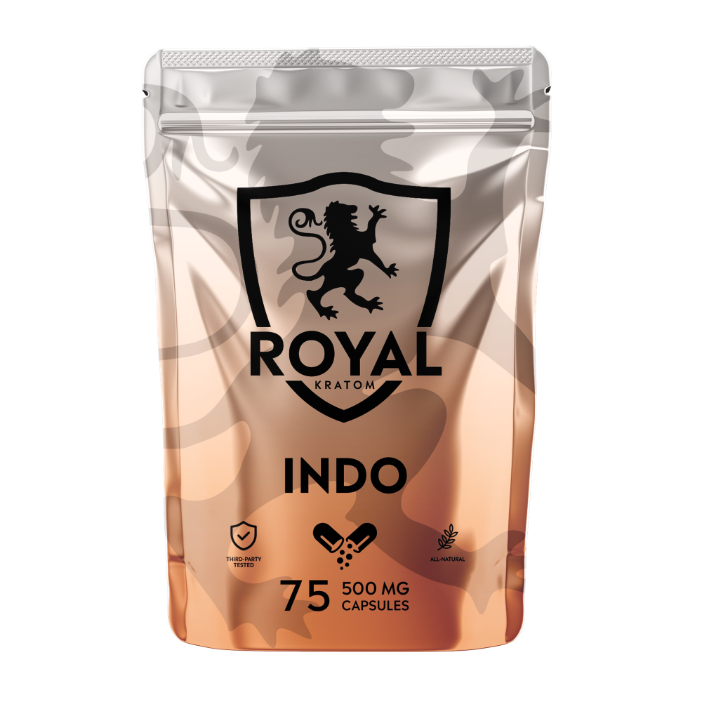 A package of Royal Kratom Indo capsules with 75 capsules containing 500mg of kratom powder each.