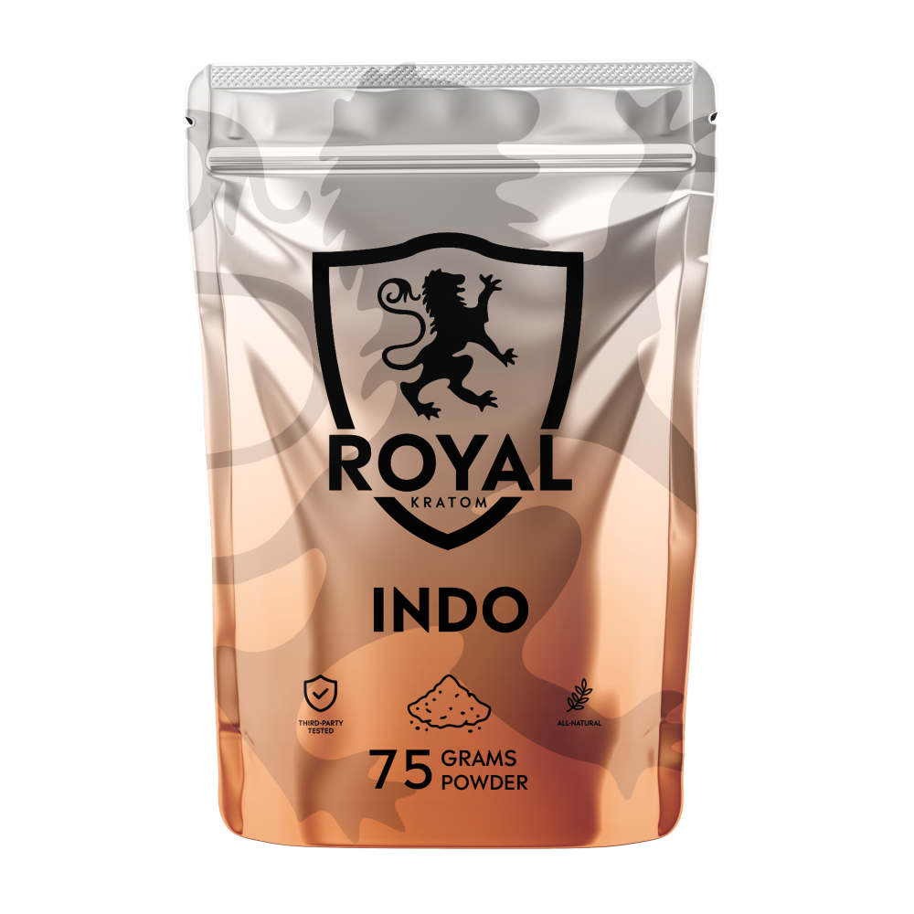 A package of Royal Kratom Indo powder packed with 75 grams of powder
