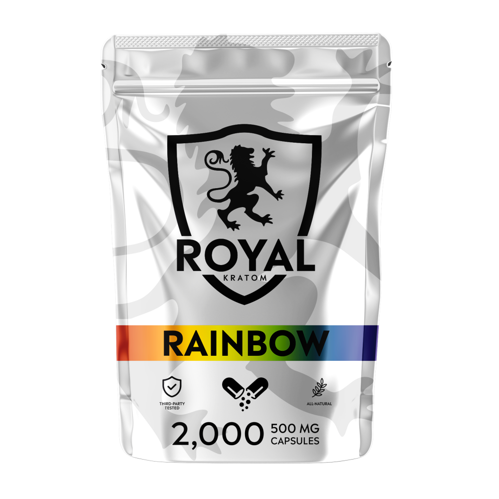 A package of Royal Kratom Rainbow Blend capsules with 2000 capsules containing 500mg of kratom powder each.