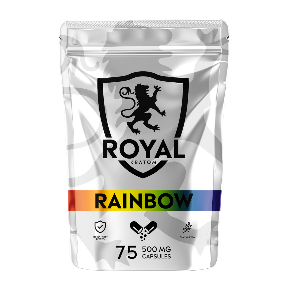 A package of Royal Kratom Rainbow Blend capsules with 75 capsules containing 500mg of kratom powder each.