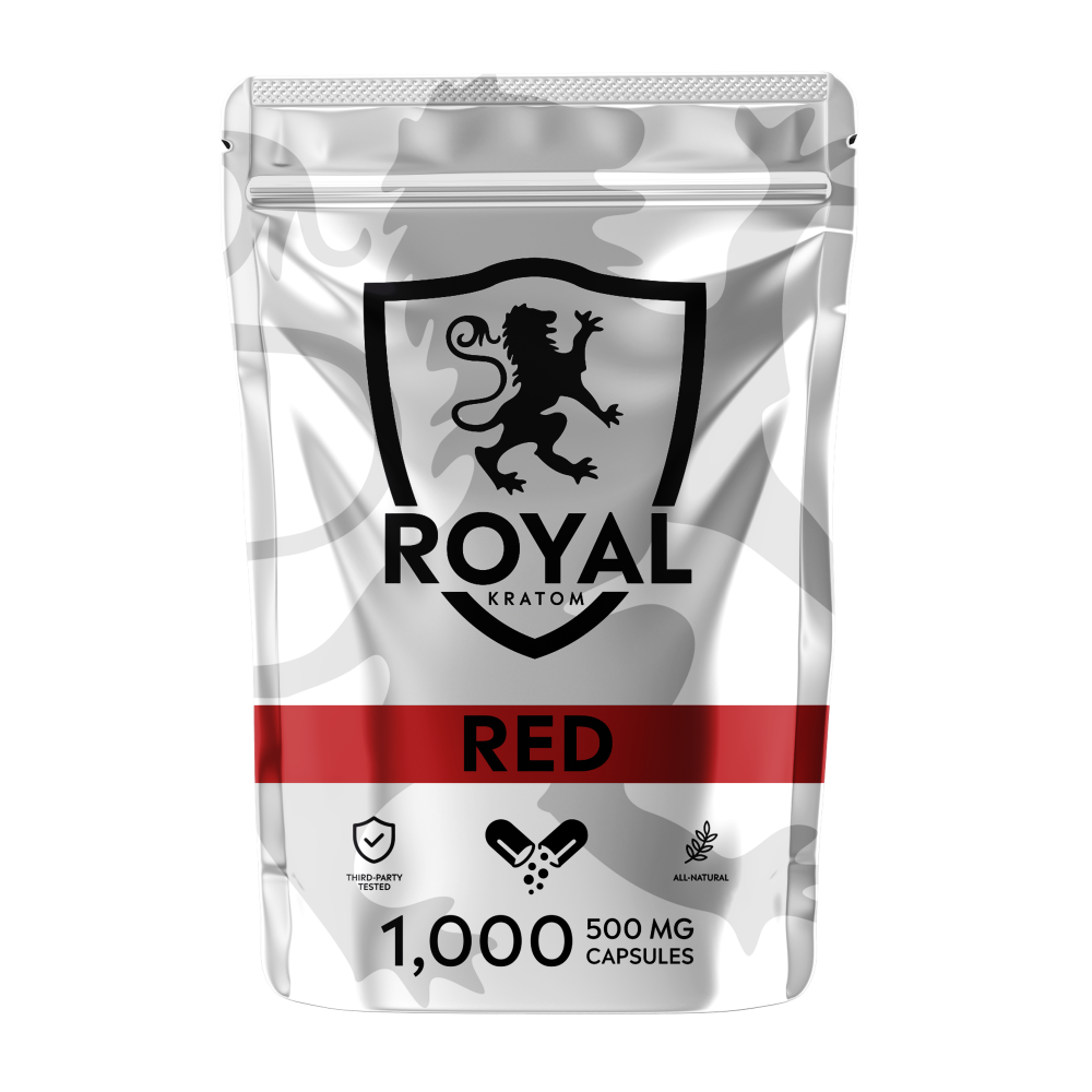 A package of Royal Kratom Red Vein capsules with 1000 capsules containing 500mg of kratom powder each.