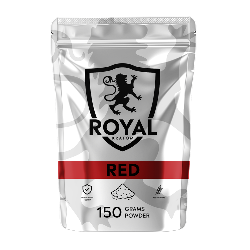A package of Royal Kratom Red Vein powder packed with 150 grams of powder