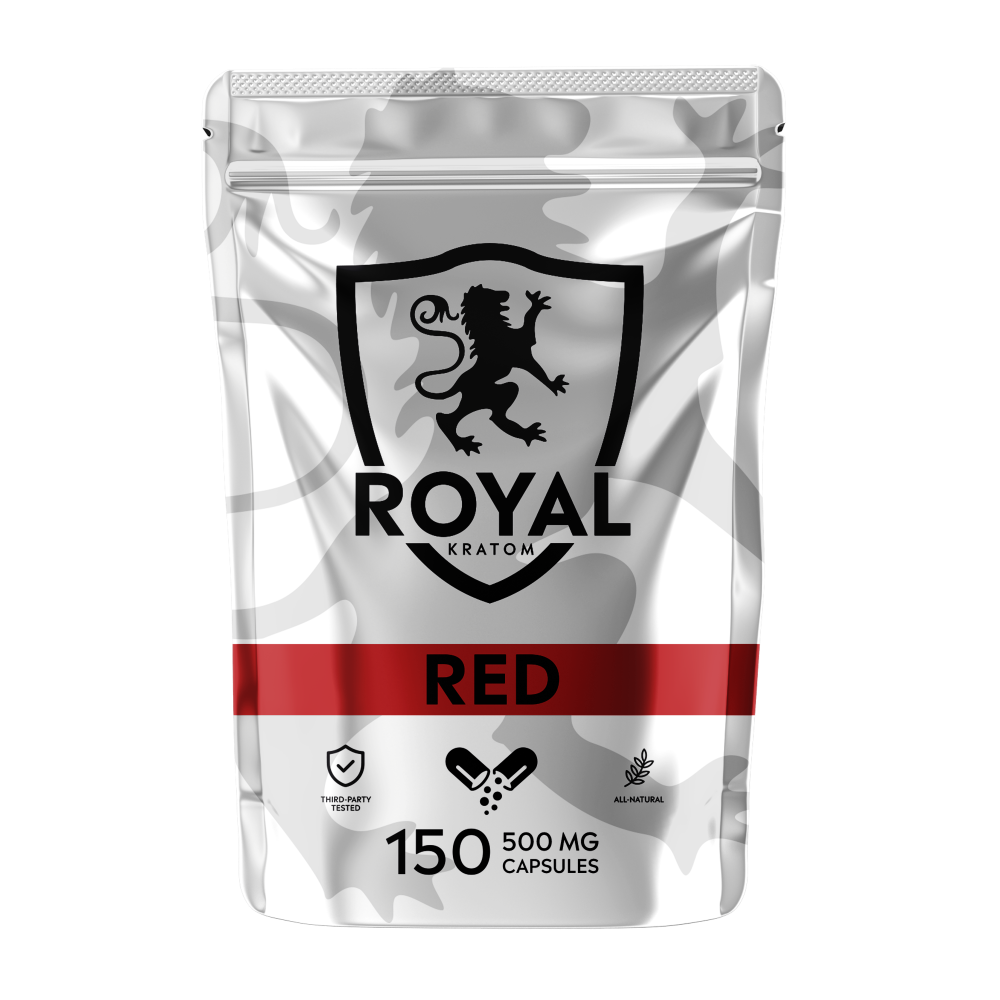 A package of Royal Kratom Red Vein capsules with 150 capsules containing 500mg of kratom powder each.