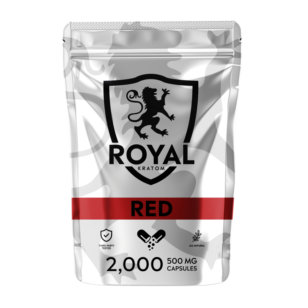 A package of Royal Kratom Red Vein capsules with 2000 capsules containing 500mg of kratom powder each.