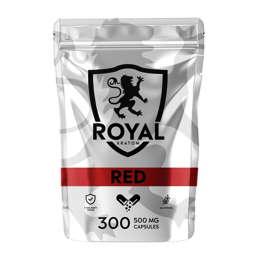 A package of Royal Kratom Red Vein capsules with 300 capsules containing 500mg of kratom powder each.