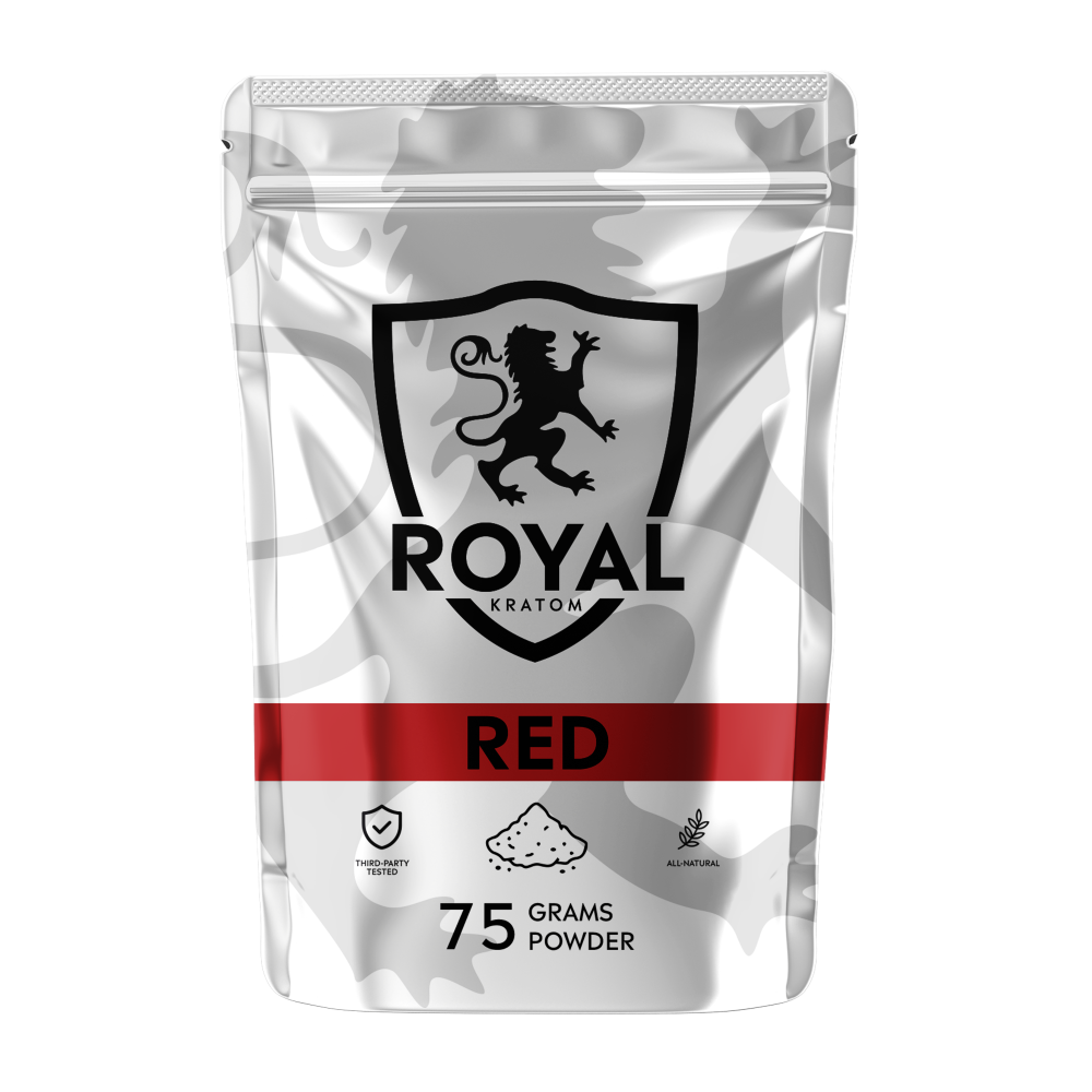 A package of Royal Kratom Red Vein powder packed with 75 grams of powder