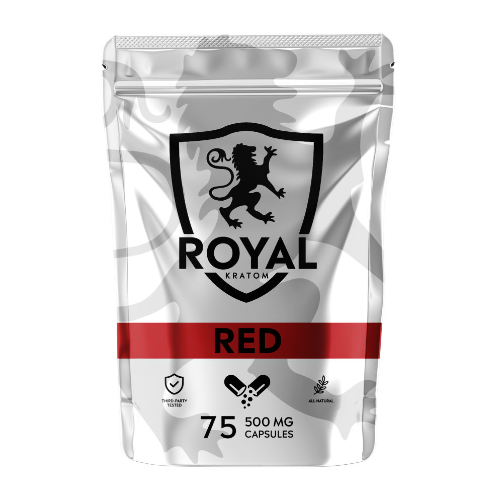 A package of Royal Kratom Red Vein capsules with 75 capsules containing 500mg of kratom powder each.