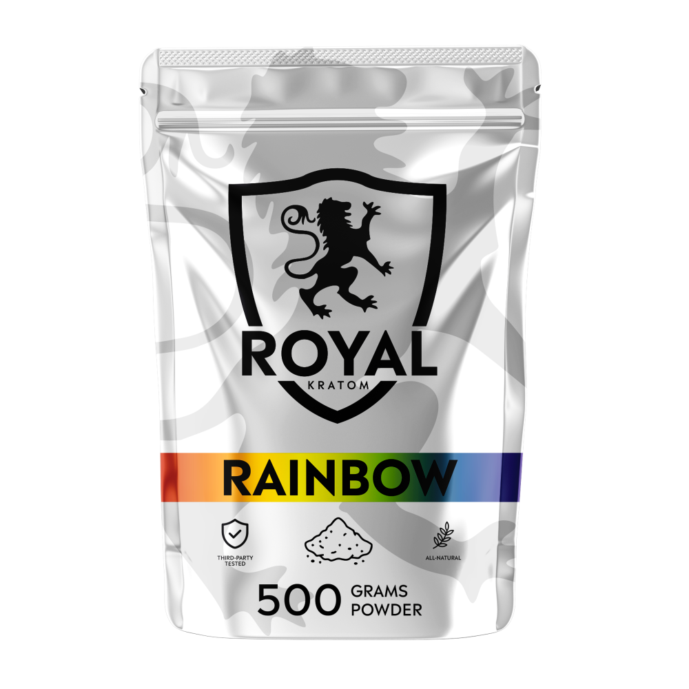 A package of Royal Kratom Rainbow Blend powder packed with 500 grams of powder