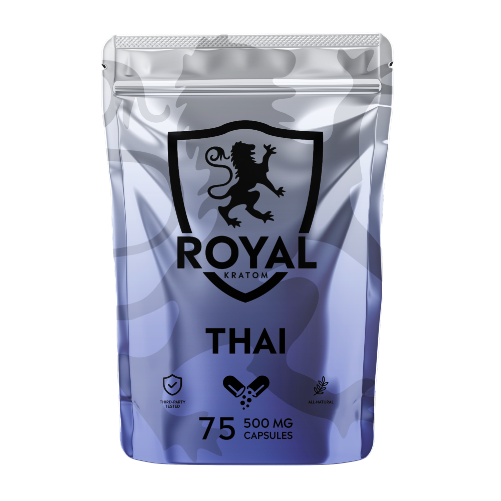 A package of Royal Kratom Thai capsules with 75 capsules containing 500mg of kratom powder each.