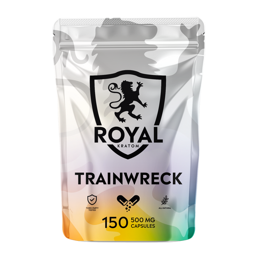 A package of Royal Kratom Trainwreck capsules with 150 capsules containing 500mg of kratom powder each.