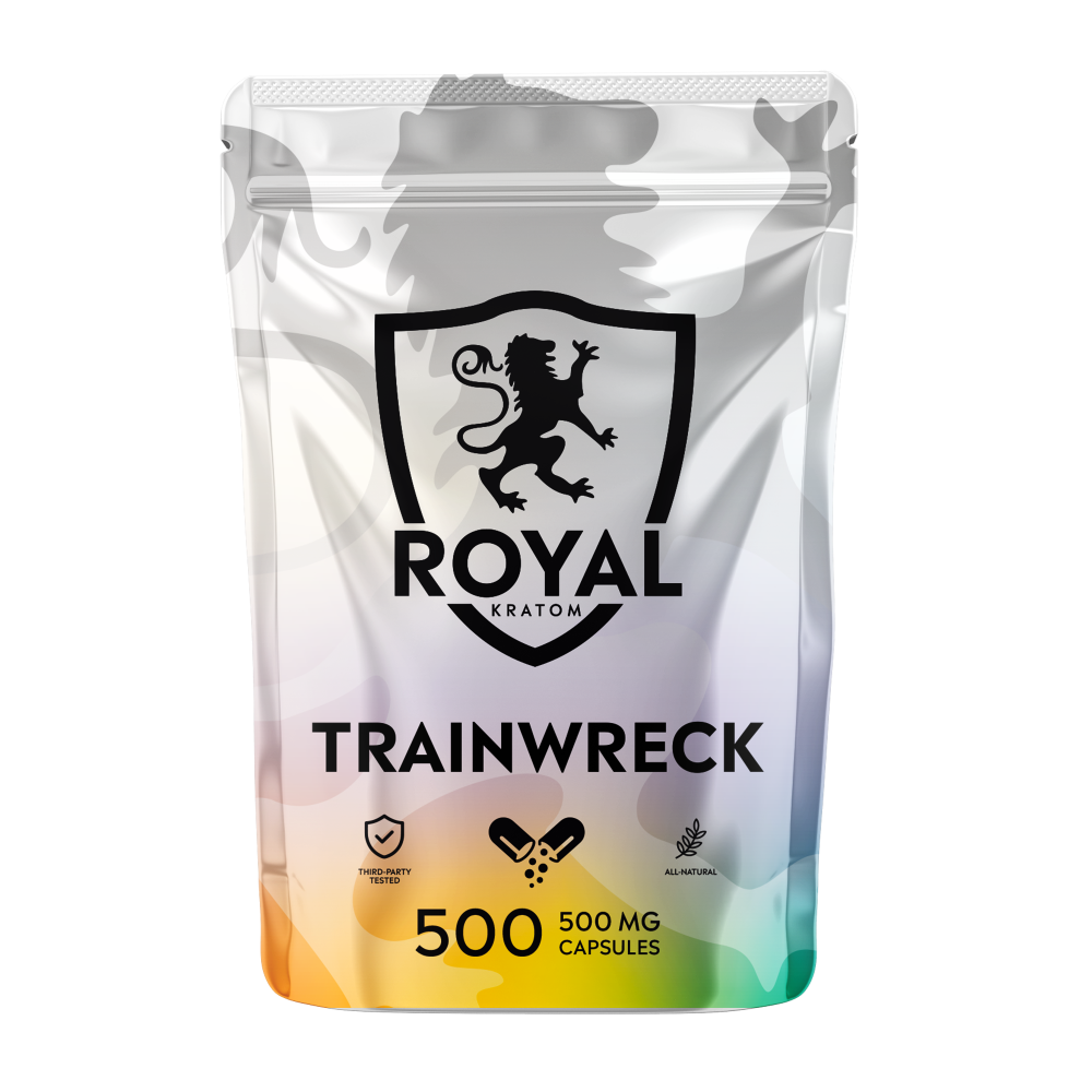 A package of Royal Kratom Trainwreck capsules with 500 capsules containing 500mg of kratom powder each.