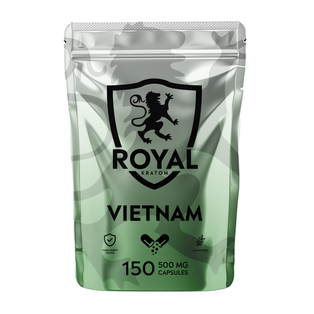 A package of Royal Kratom Vietnam capsules with 150 capsules containing 500mg of kratom powder each.