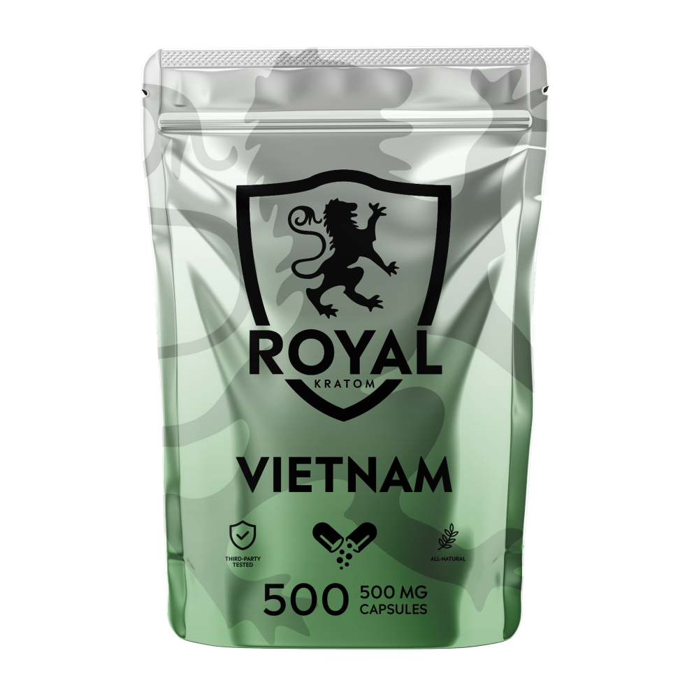 A package of Royal Kratom Vietnam capsules with 500 capsules containing 500mg of kratom powder each.