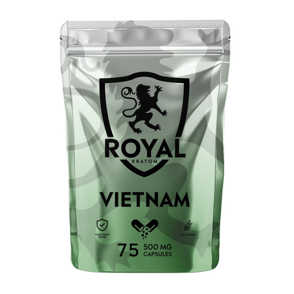 A package of Royal Kratom Vietnam capsules with 75 capsules containing 500mg of kratom powder each.