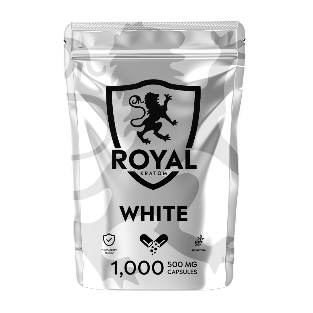 A package of Royal Kratom White Vein capsules with 1000 capsules containing 500mg of kratom powder each.