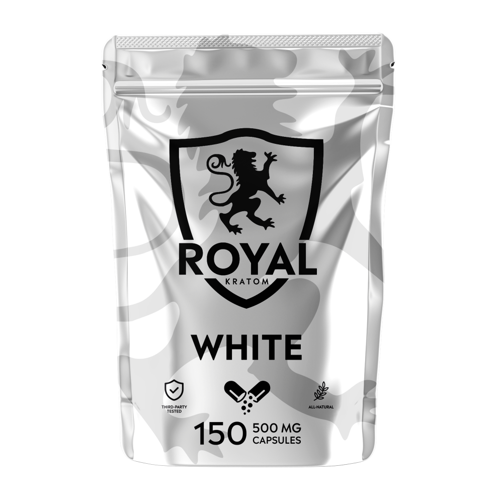 A package of Royal Kratom White Vein capsules with 150 capsules containing 500mg of kratom powder each.