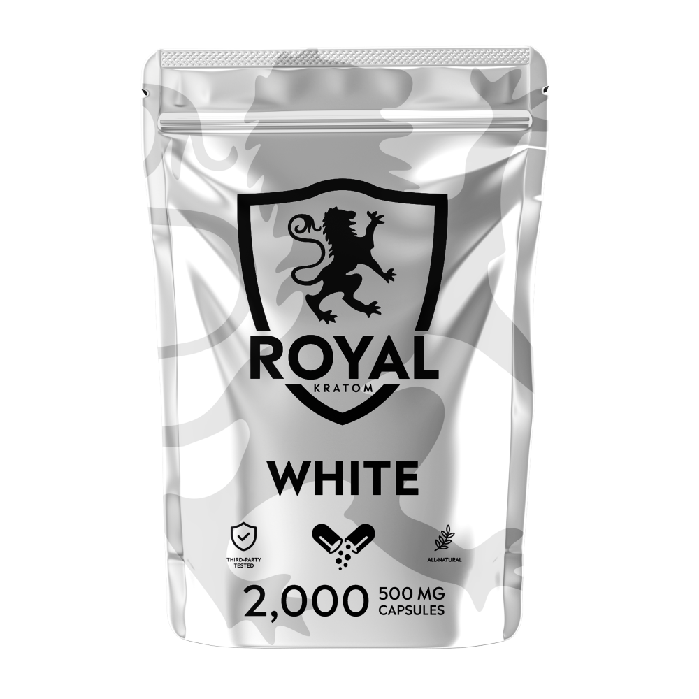A package of Royal Kratom White Vein capsules with 2000 capsules containing 500mg of kratom powder each.