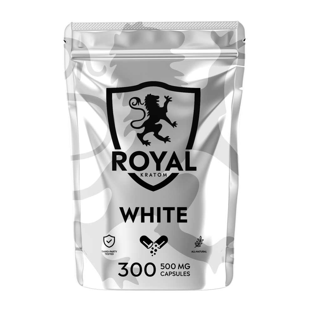 A package of Royal Kratom White Vein capsules with 300 capsules containing 500mg of kratom powder each.