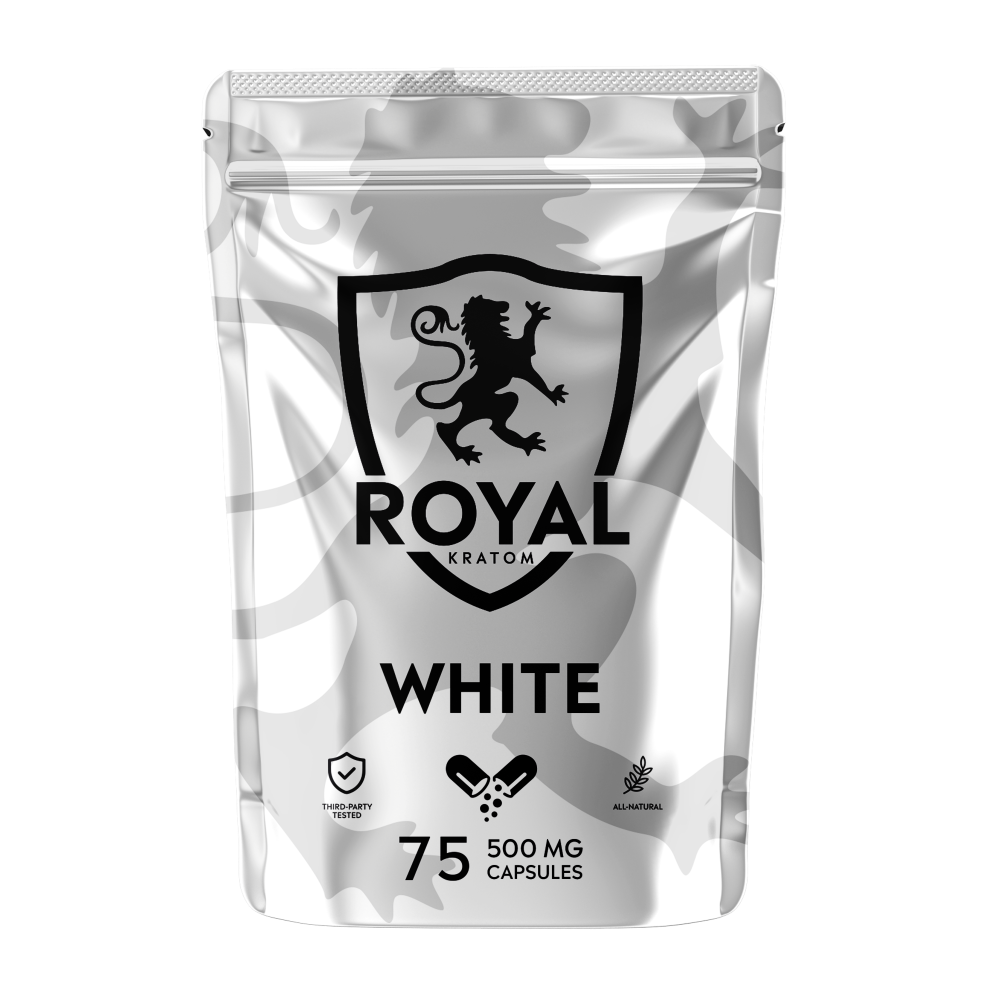 A package of Royal Kratom White Vein capsules with 75 capsules containing 500mg of kratom powder each.
