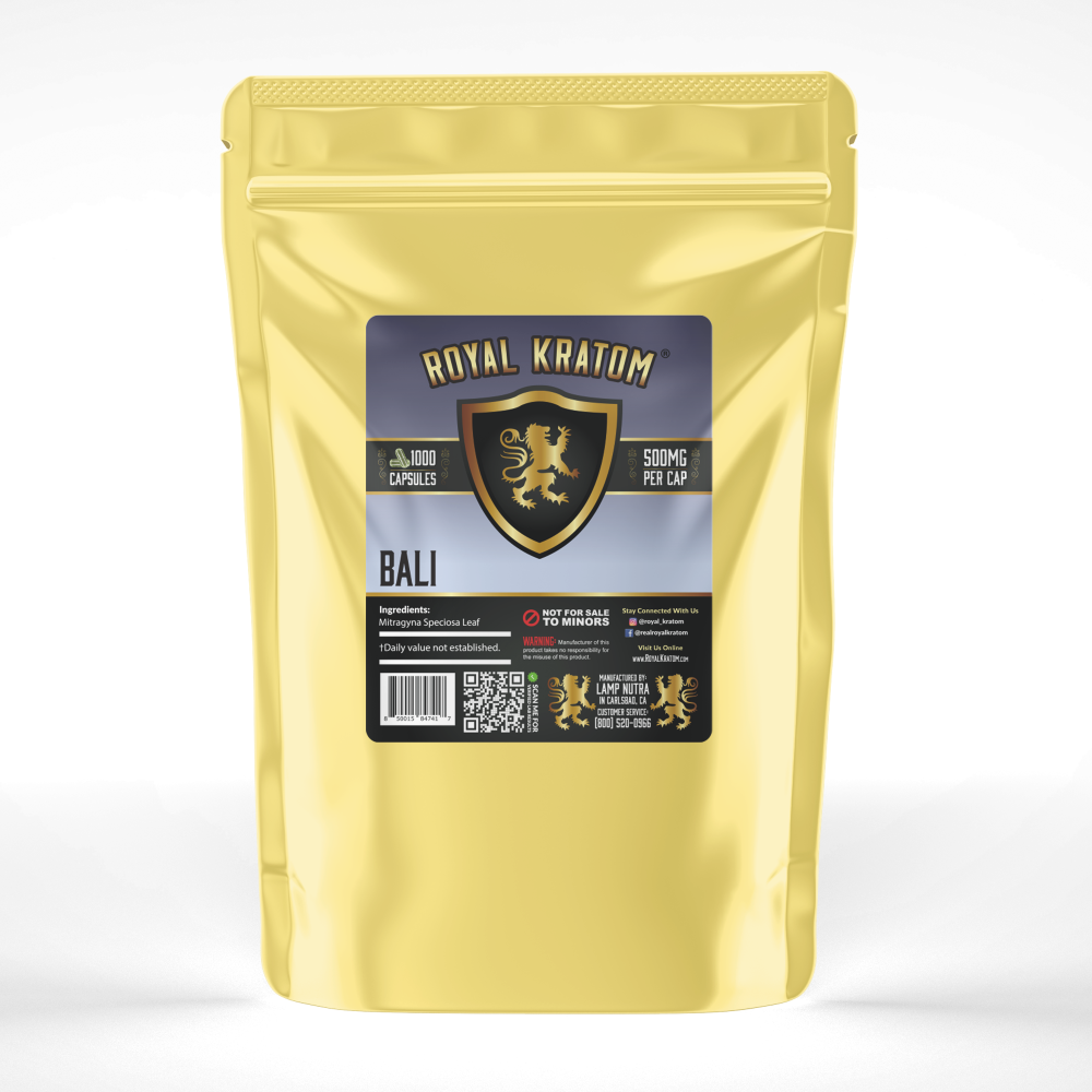 A package of Royal Kratom Bali capsules with 1000 capsules containing 500mg of kratom powder each.