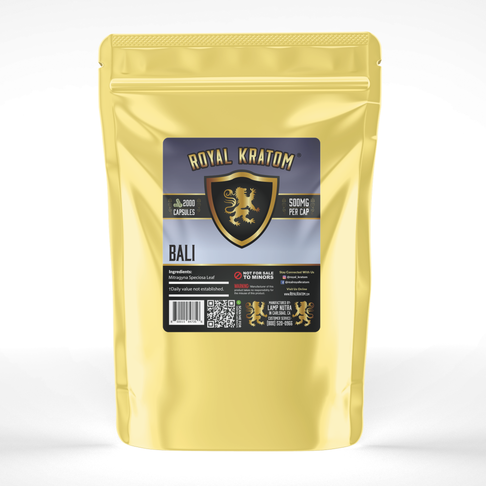 A package of Royal Kratom Bali capsules with 2000 capsules containing 500mg of kratom powder each.