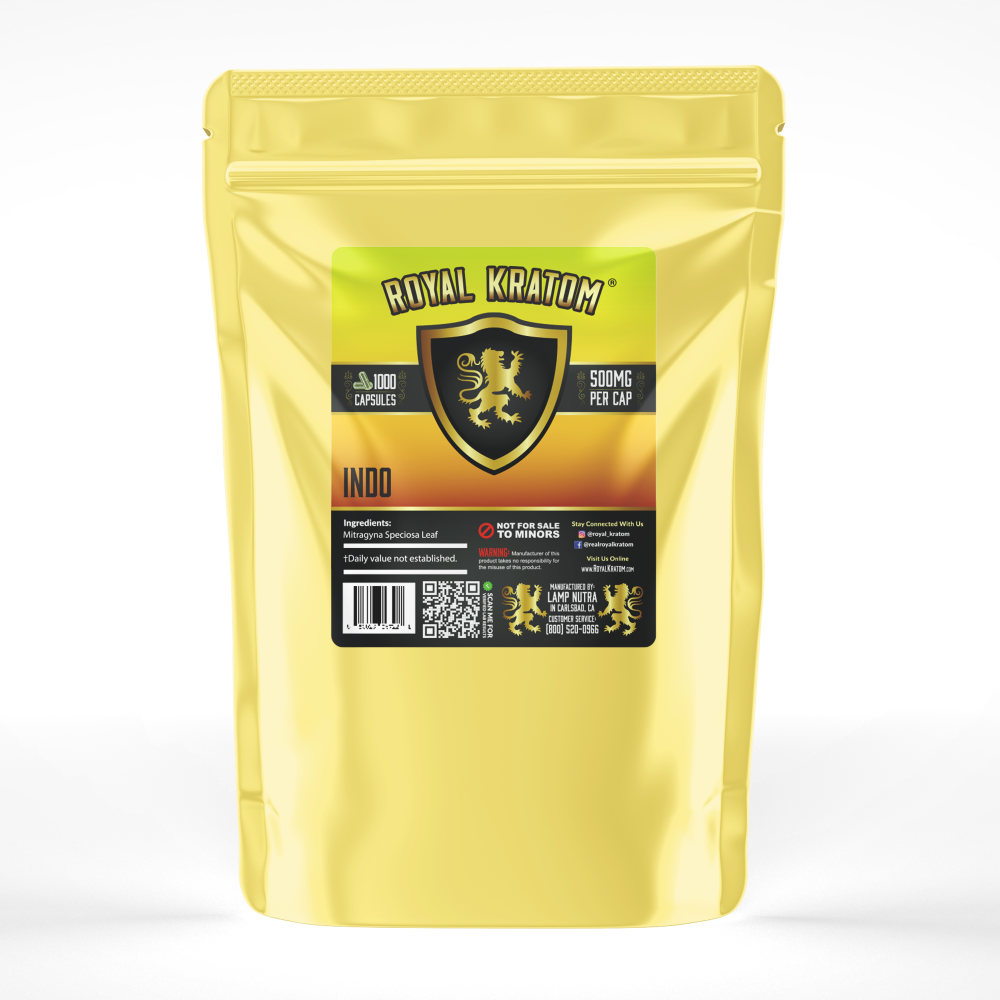 A package of Royal Kratom Indo capsules with 1000 capsules containing 500mg of kratom powder each.