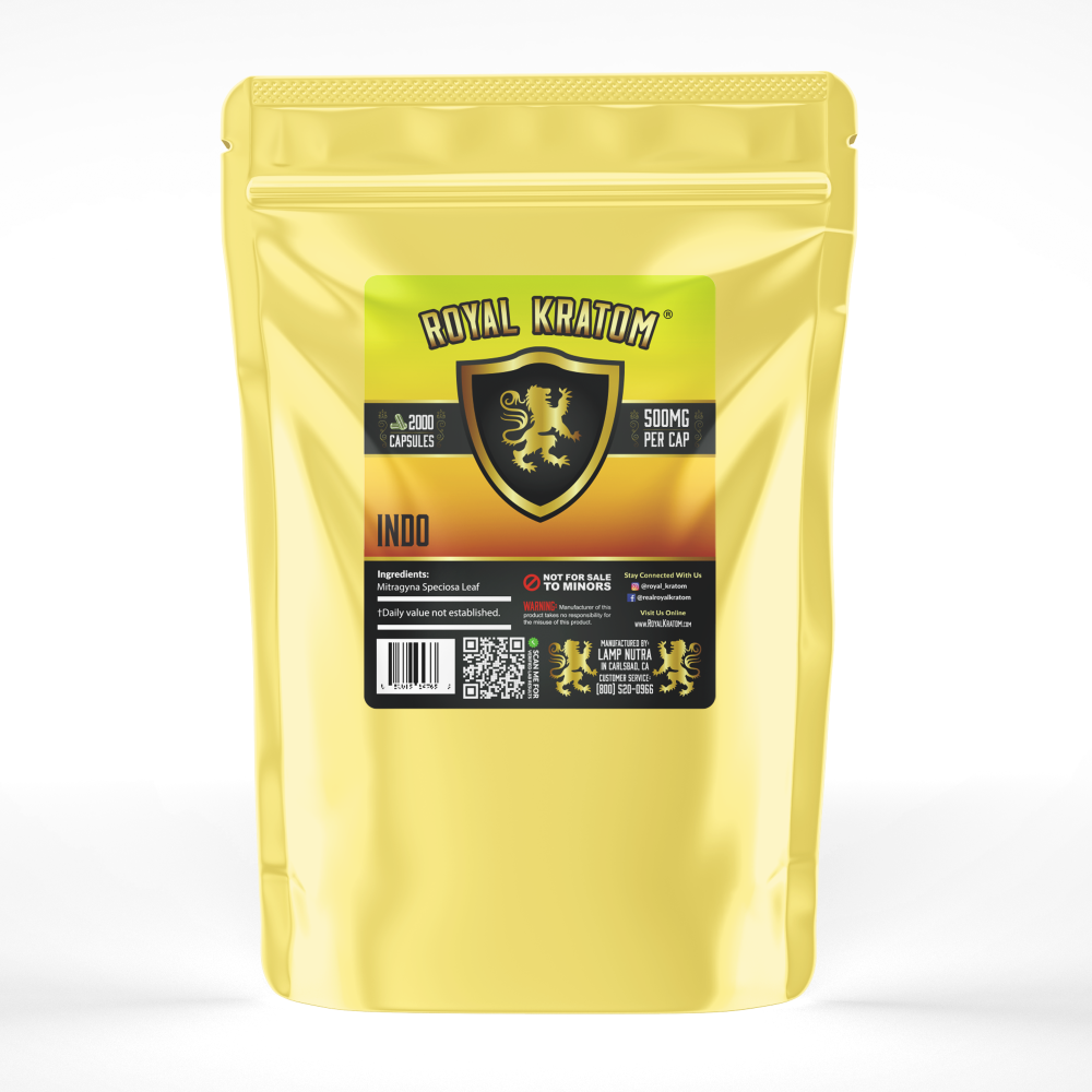 A package of Royal Kratom Indo capsules with 2000 capsules containing 500mg of kratom powder each.