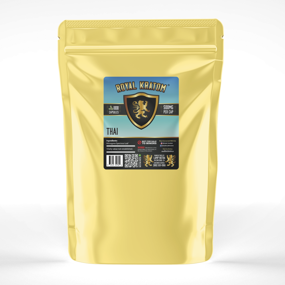 A package of Royal Kratom Thai capsules with 1000 capsules containing 500mg of kratom powder each.