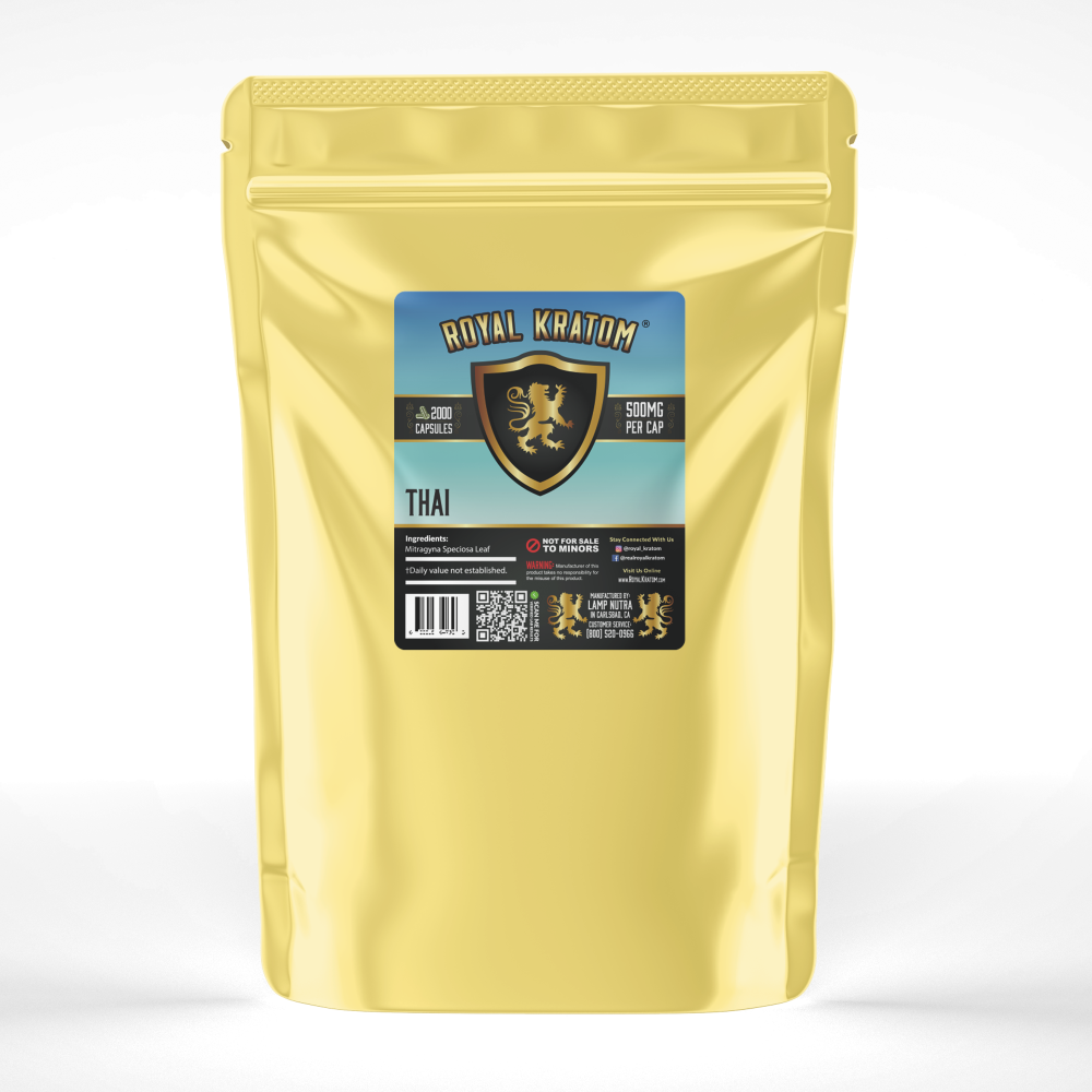 A package of Royal Kratom Thai capsules with 2000 capsules containing 500mg of kratom powder each.