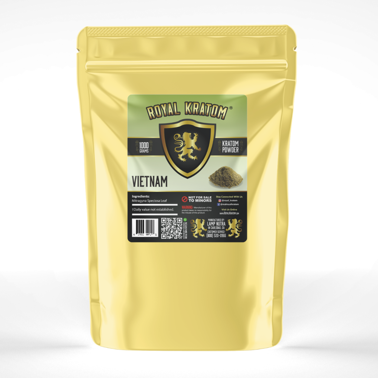 A package of Royal Kratom Vietnam powder, with a white background and a weight indication of 1000 grams on the front.