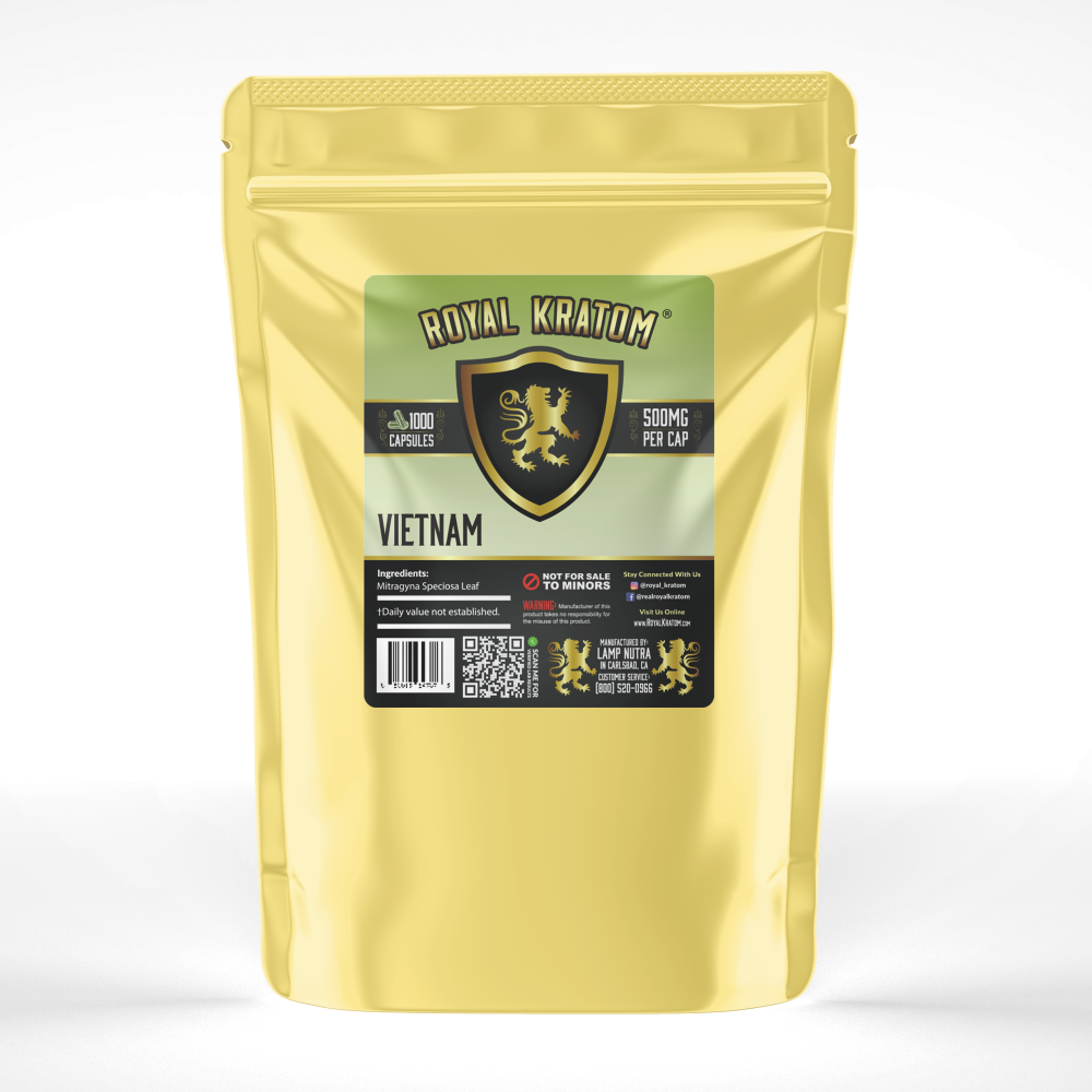 A package of Royal Kratom Vietnam capsules with 1000 capsules containing 500mg of kratom powder each.