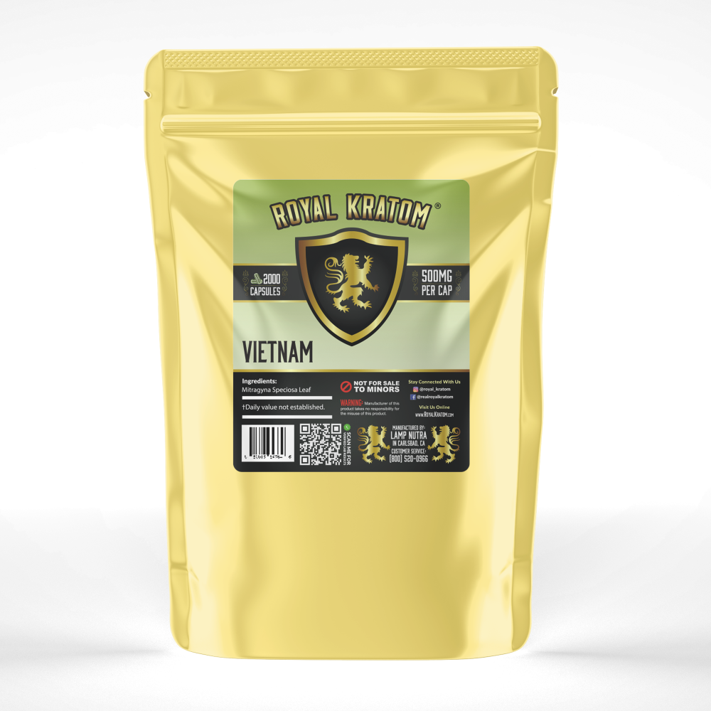 A package of Royal Kratom Vietnam capsules with 2000 capsules containing 500mg of kratom powder each.