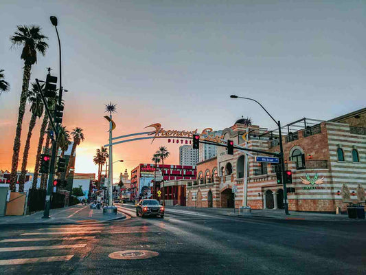 Image of a Las Vegas intersection at sunset