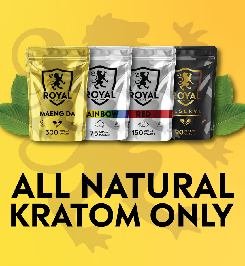 Four packages of Royal Kratom with product names and weights on a yellow background.
