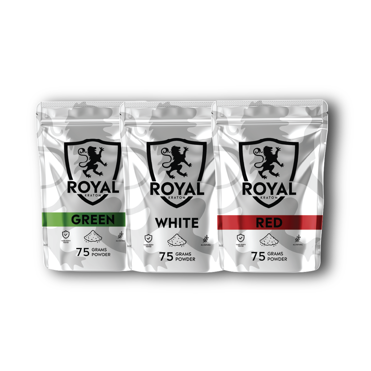 Three packages of Royal Kratom with green, white, and red labels on a white background.