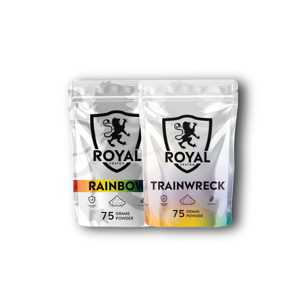 Two packages of Royal Kratom, one labeled 'Rainbow' and the other 'Trainwreck', on a white background.