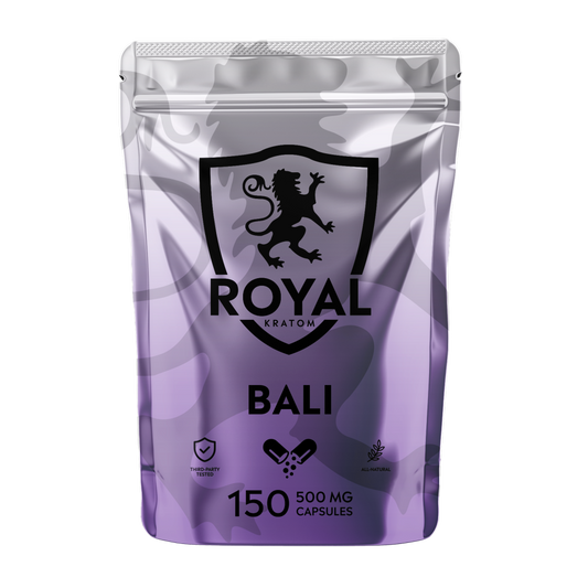 A package of Royal Kratom Bali capsules with 150 capsules containing 500mg of kratom powder each.