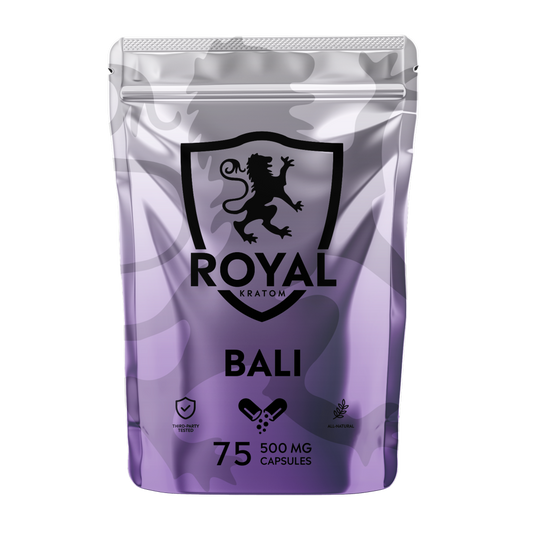A package of Royal Kratom Bali capsules with 75 capsules containing 500mg of kratom powder each.