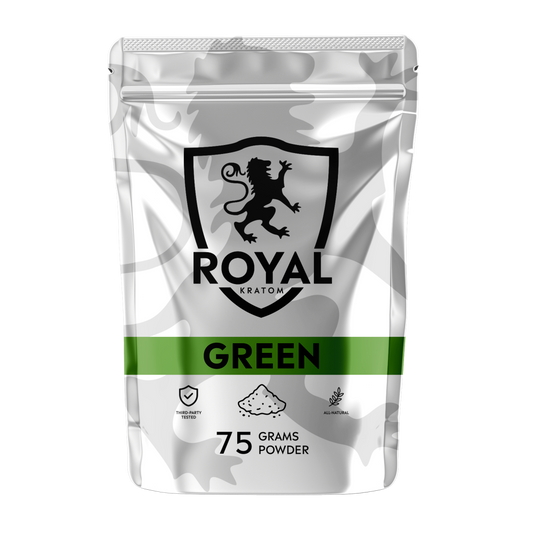 A package of Royal Kratom Green Vein powder packed with 75 grams of powder